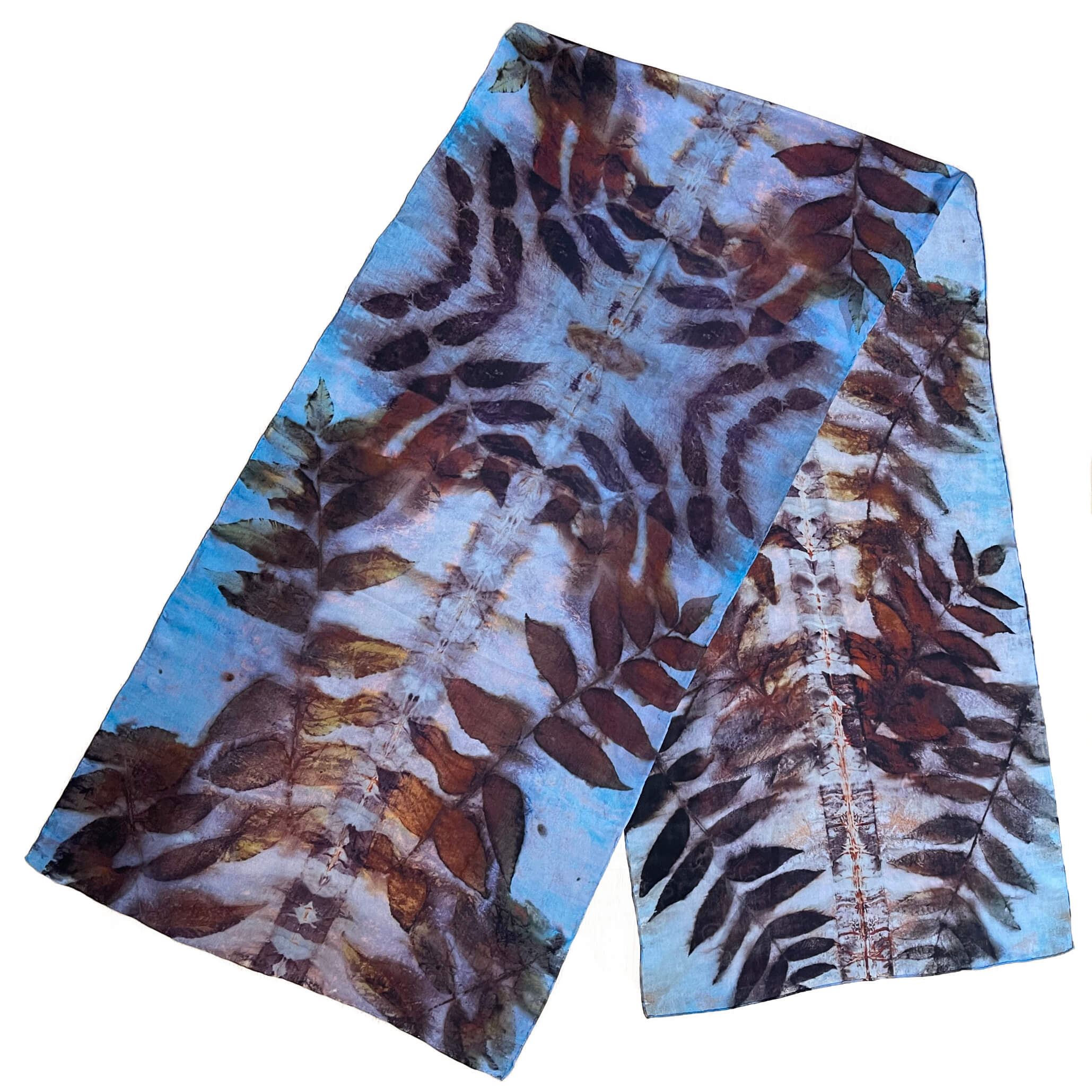 Eco printed silk scarf with black walnut and blue