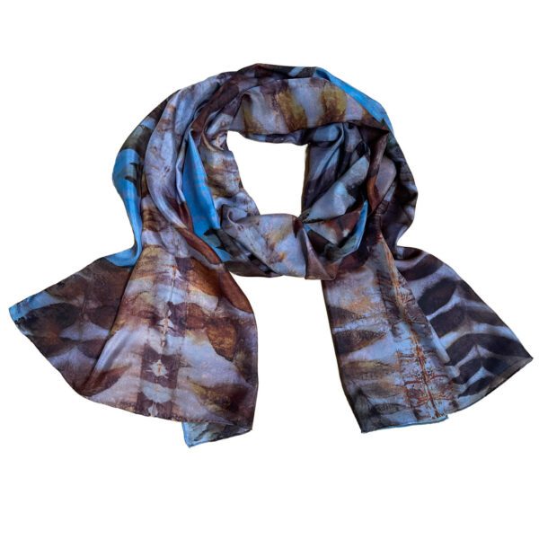 Eco printed silk scarf with black walnut and blue