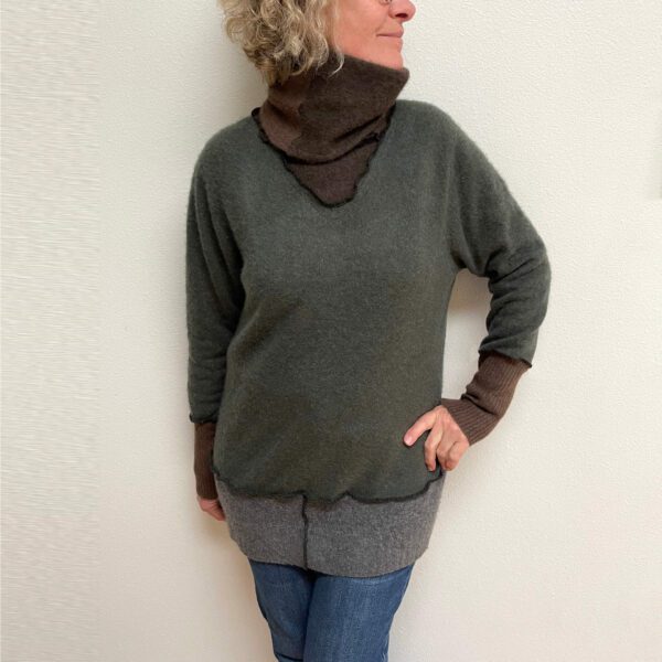 Upcycled green brown grey cashmere sweater