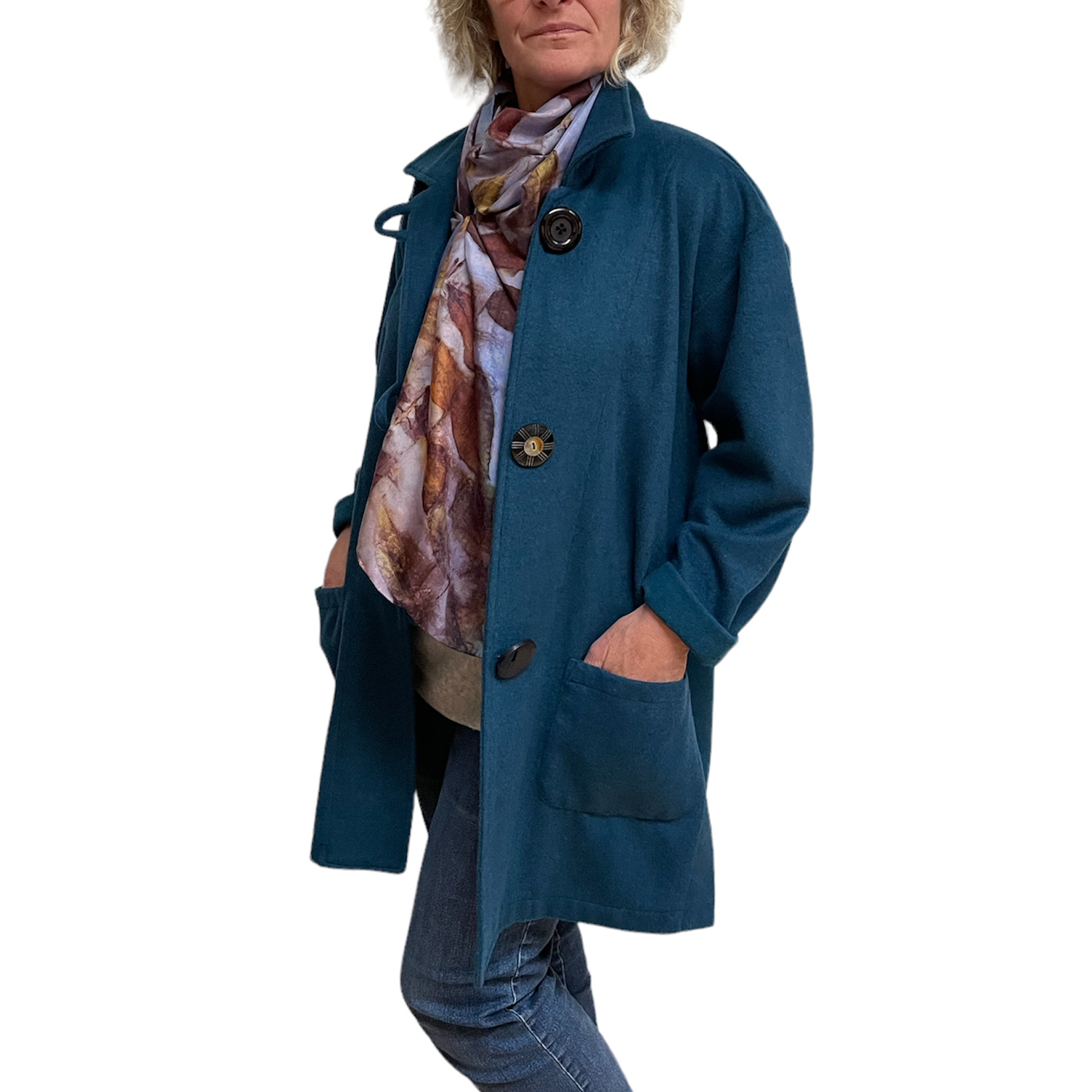 Unique women's soft teal wool mid thigh jacket