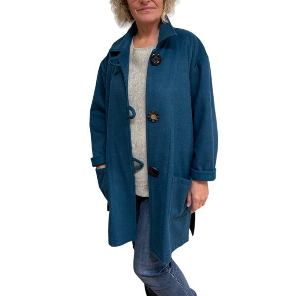 Unique women's soft teal wool mid thigh jacket