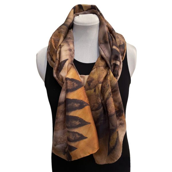 Eco printed silk scarf with black walnut and rust