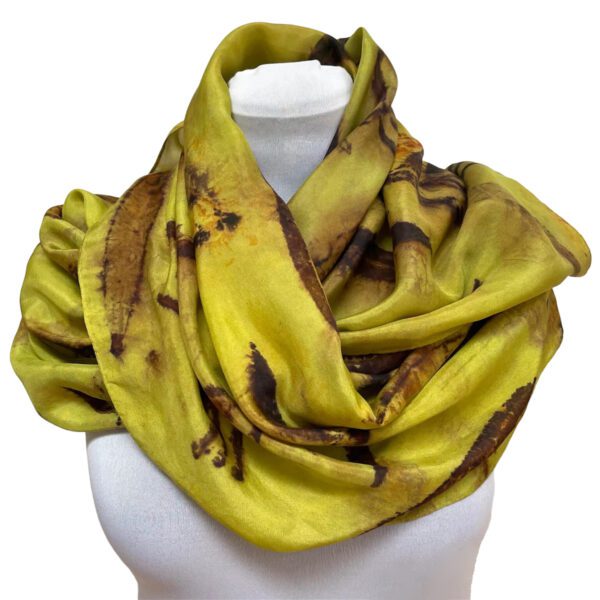 Eco printed chartreuse green silk scarf with fireweed