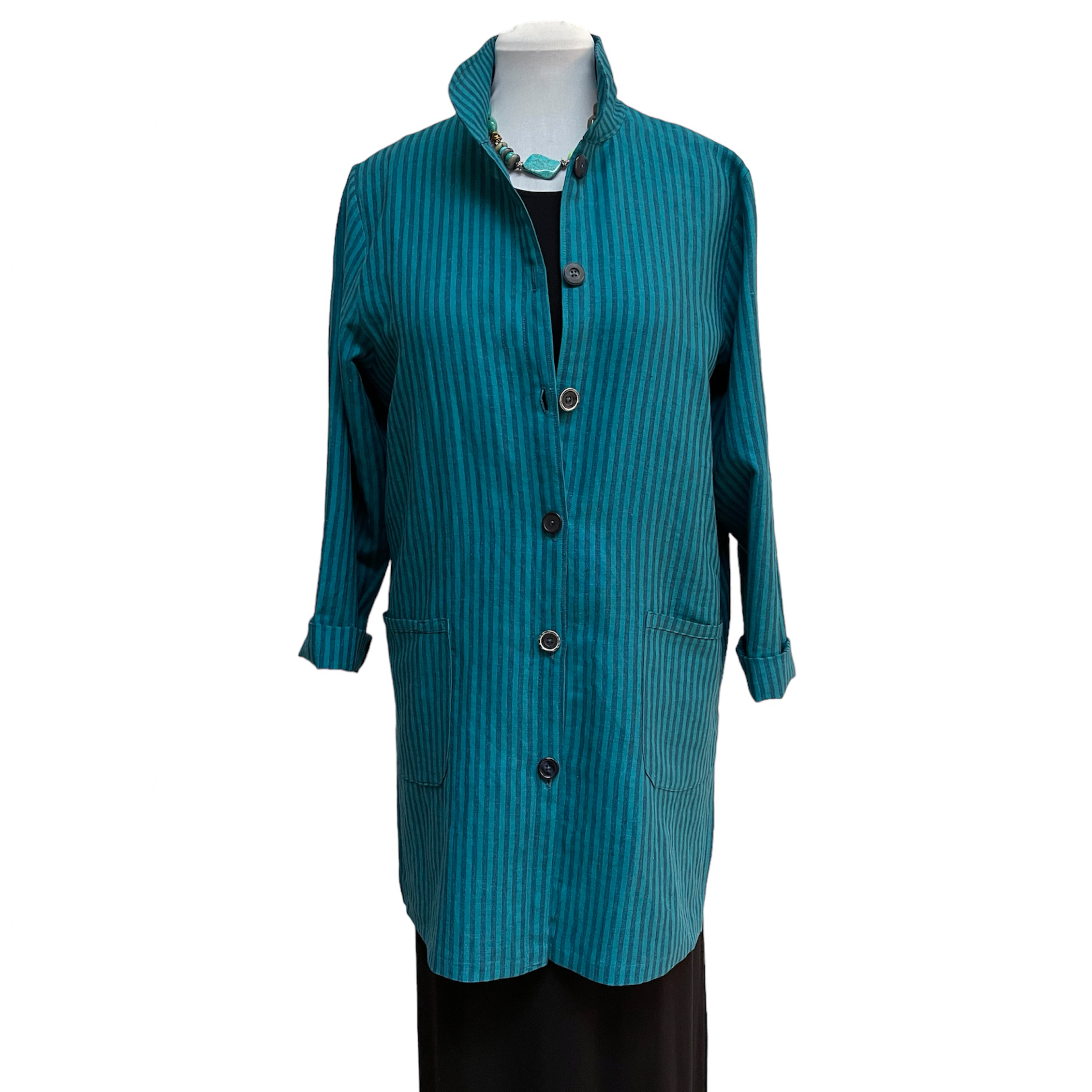 Turquoise striped linen long shirt jacket